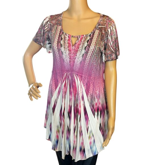 One World Womens Micro Jersey Printed Flutter Sleeve Embellished Keyhole Top - Picture 1 of 12